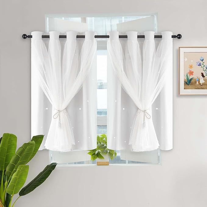 Kinryb Kids Blackout Small Curtains for Bedroom/Living Room/Classroom, Sheer Overlay 2 Free Tiebacks,Double Layer Curtains with Star Cutout for Kids Room(W 52 x L 36 Inches,Greyish White 2 Pcs)