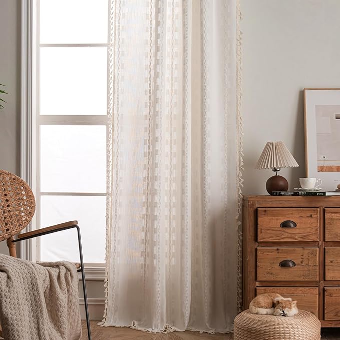 Deeprove Cream White Boho Curtain 63 inches Length for Living Room Bedroom Nursery, Aztec Chic Bohemian 63 inches Long Diamond Stripe Embroidery Privacy Window Fringe Decor W52 x L63, 1 Panel