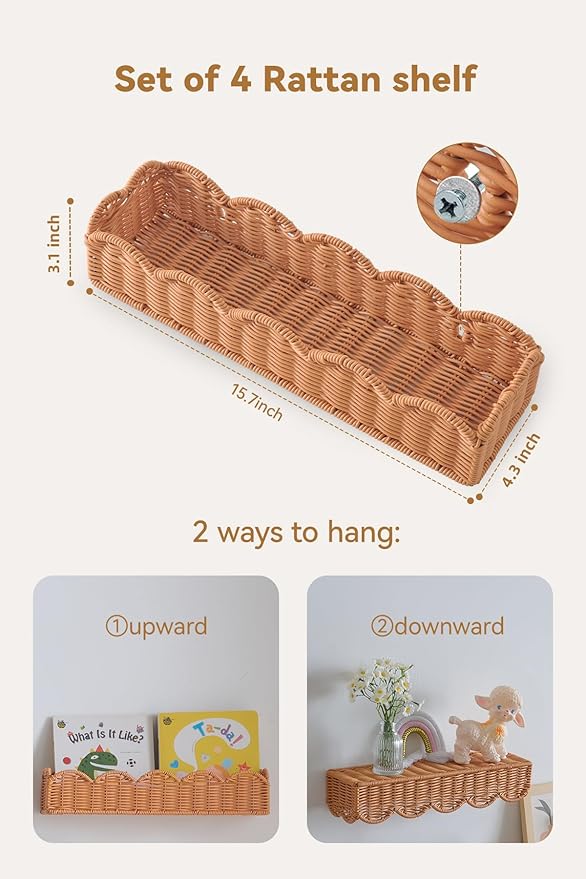 Nursery Book Shelves Set of 4, Metal & Plastic Artificial Rattan Scalloped Book Shelf 15.8", Cute Floating Bookshelf for Kids Bedroom Farmhouse Decor
