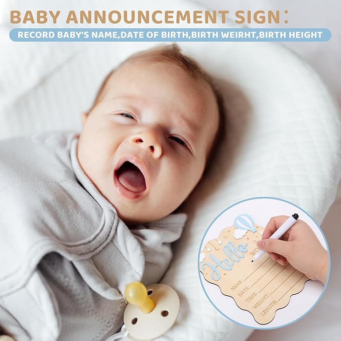 Baby Announcement Sign,Wooden Hello World Newborn Signs Birth Announcement Sign and Pen for Baby Shower Hospital Nursery Newborn Boys and Girls (Blue)