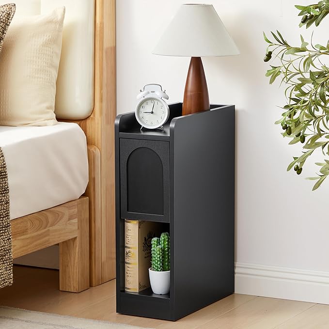 Narrow Nightstand, Slim Bedside Table with Raised Edge Top, Arched Drawer & Open Shelf, Modern Wooden Small Side End Table for Bedroom or Living Room (1, Black)