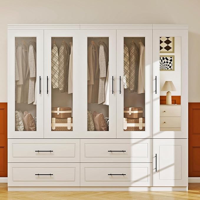 5 Door Armoire Wardrobe Closet with Mirror, Wood Wardrobe Closet with Glass Door Combination Bedroom Armoire 4 Drawer with Hanging Rods for Home/Bedroom/Living Room