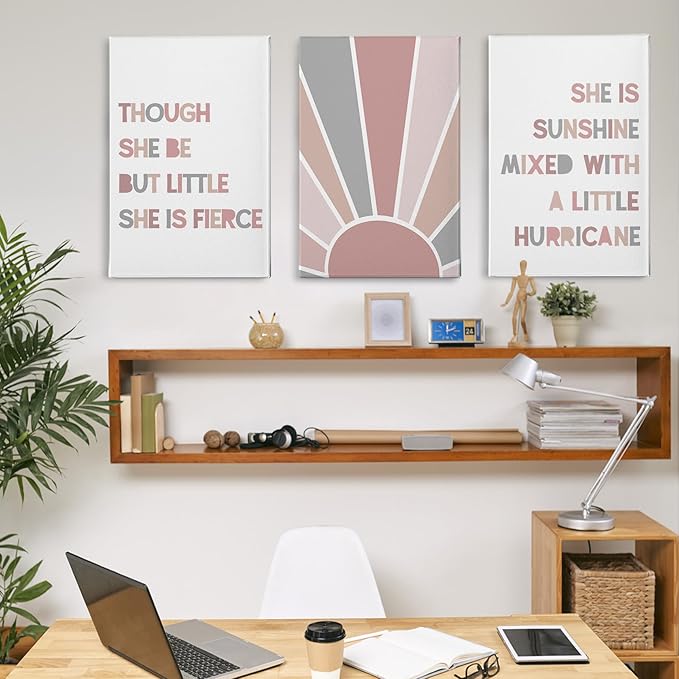 PHAMTE Nursery Boho Girls Bedroom Wall Art Decor Set of 3, She is Sunshine Mixed with a Little Hurricane Sunshine Sun Print Framed Canvas Painting Artwork for Room Bedroom Home Playroom 16x24in