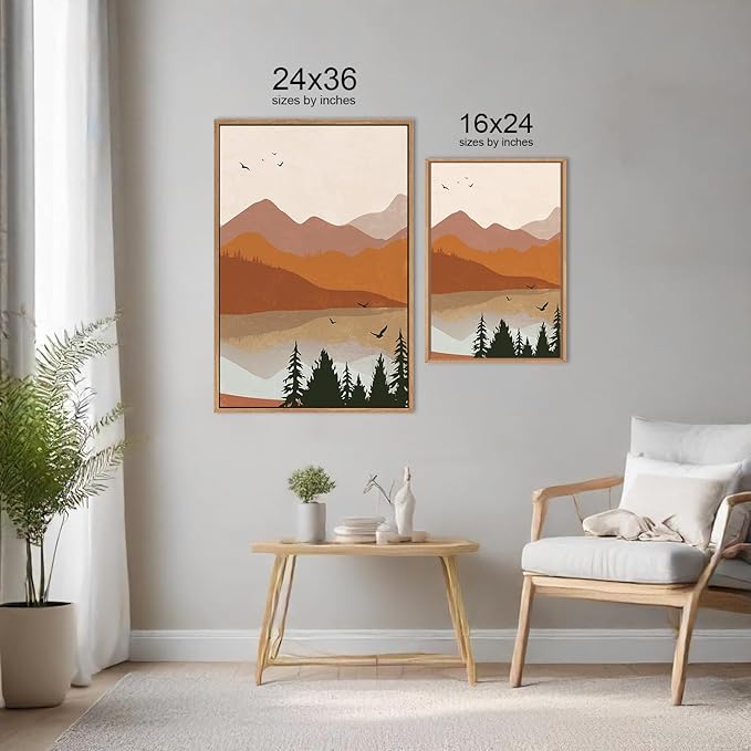 HLNIUC Boho Mountain Burnt Orange Wall Art Framed, Mid Century Modern Terracotta Wall Decor 24x36, Southwest Sunset 3 Piece Canvas Painting, Large Nature Picture for Living Room, Bedroom, Office