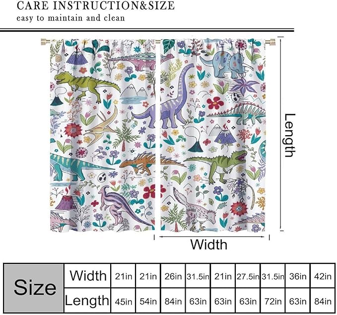 Dinosaur Curtains Cartoon Cool Funny Dino Tropical Plant Leaves Flowers Aesthetics Art Print for Kids Boys Bedroom Living Room Rod Pocket Decoration Window Drapes 2 Panels W36xL63in