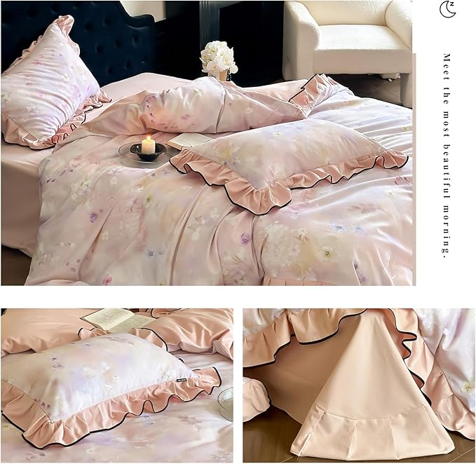HighBuy Girl Floral Ruffled Duvet Cover Queen,Boho Floral Lace Brushed Cotton Bedding Coquette,Shabby Vintage Duvet Cover Set French Farmhouse Bedding Cooling Breathable for Hot Sleepers