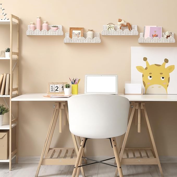 Pinkunn 4 Pcs Nursery Book Shelves 15.8 Inch Rattan Scalloped Floating Bookshelves Wicker Boho Book Shelf for Wall Mounted Decor Nursery Rooms Hanging(Cute)