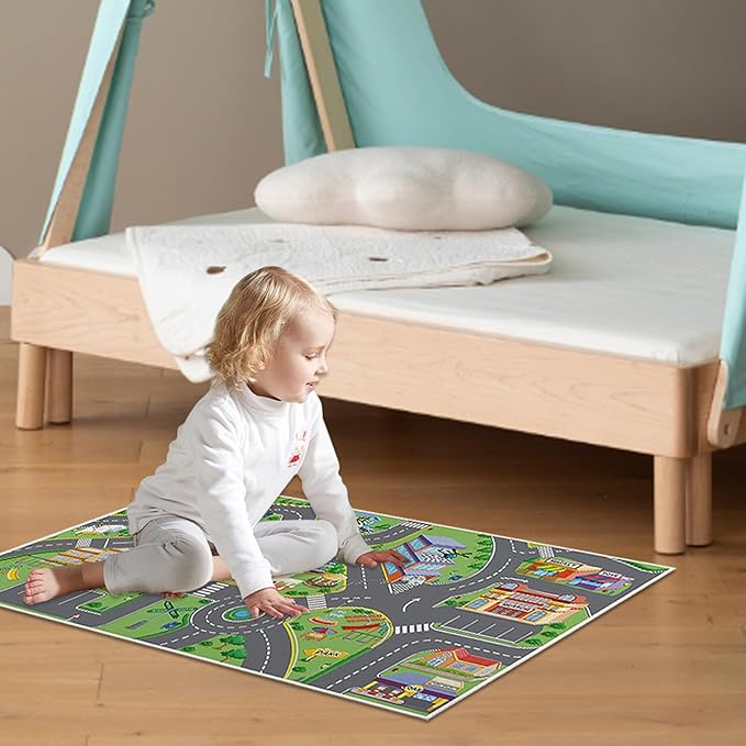 19.7x31.5in Baby Play Mat, Non-Slip Crawling Carpet, Vibrant Polyester Road Rug, Washable Rectangular Kids Rug for Bedroom Living Room