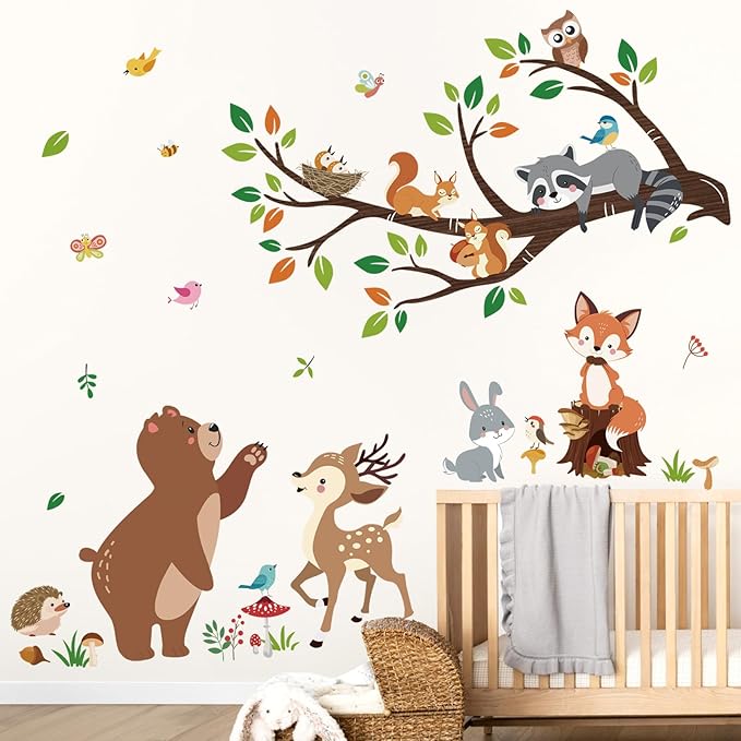 decalmile Woodland Animal Tree Branch Wall Decals Bear Fox Deer Forest Wall Stickers Kids Room Baby Nursery Bedroom Wall Decor