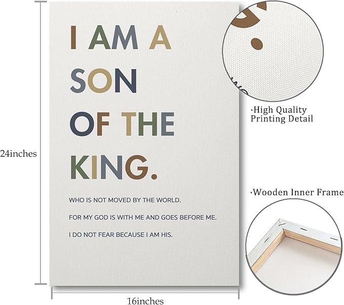XWELLDAN Christian Religious Bible Verse I am a Son of the King Boy Nursery Wall Art Canvas Prints,Inspirational Quote Scripture Wall Art Decor for Boys Room Bedroom Nursery, 16 x 24 Inch, Framed