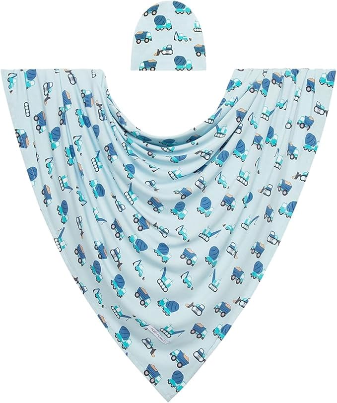 Posh Peanut Baby Swaddle Blanket & Beanie - Matching Newborn Swaddle Set, Doubles As Receiving Blanket or Nursing Cover (Construction Cars)