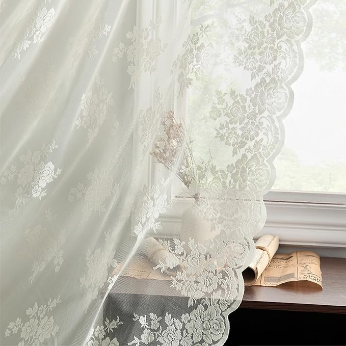 Kotile Ivory Lace Curtains for Bedrooom - Country Rusitc Floral Patterned Vintage Sheer Lace Curtains 72 Inch Length, Scalloped Privacy Sheer Window Curtain 52 x 72 Inch, 2 Panels