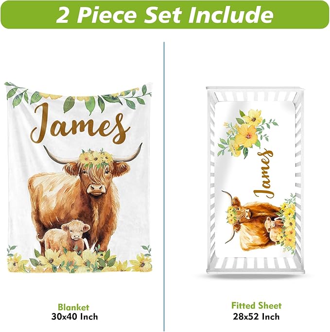 Personalized Crib Bedding Set for Girls, Custom Baby Crib Sets with Name, Yellow Flower Highland Cow Design Nursery Bedding 2 Piece - Soft Blanket with Double Layer Dotted Backing, Crib Fitted Sheet
