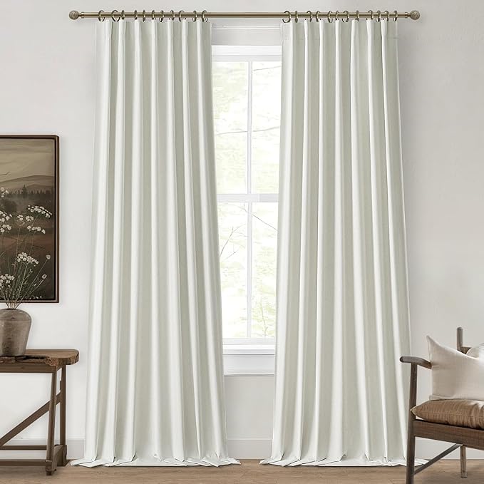 Beige White 100 Inch Bedroom Curtains Blackout,Country Cottage Core Thick Linen Pleat Window Drapes for Nursery Kids Room Thermal Room Darkening Winter Curtains to Keep Cold Out 40"Wx100"L 2 Panels