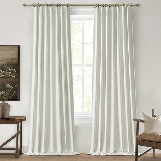 102 Inch Long Curtains, Decorative 100 Percent Rod Pocket Blackout Curtains Back Tab for Bedroom/Dorm/Nursery Heat Blocking Thick Linen Drapes with White Backing&Hooks&Rings 100 Inch Wide