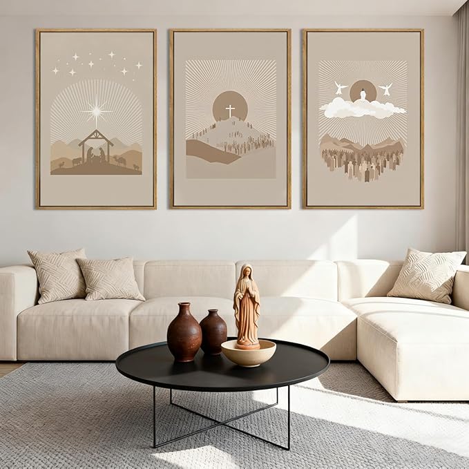 IARTTOP Extra Large Jesus Christian Framed Wall Art 24x36 Inch Set of 3 Jesus’s Nativity Crucifixion Resurrection Canvas Wall Decor Grey Brown Bible Verse Artwork for Church Living room Bedroom