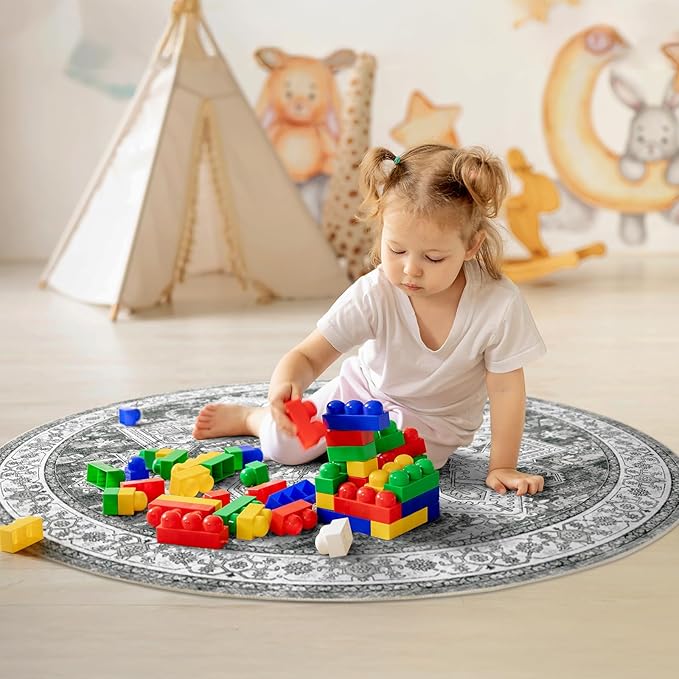 WITSHOCK Area Rug Round Rugs, 4Ft Oriental Circle Area Rugs for Living Room Machine Washable Non Slip Stain Backing Rug Soft Foldable, Vintage Rugs Home Office Kitchen Hallway Bedroom, Gray