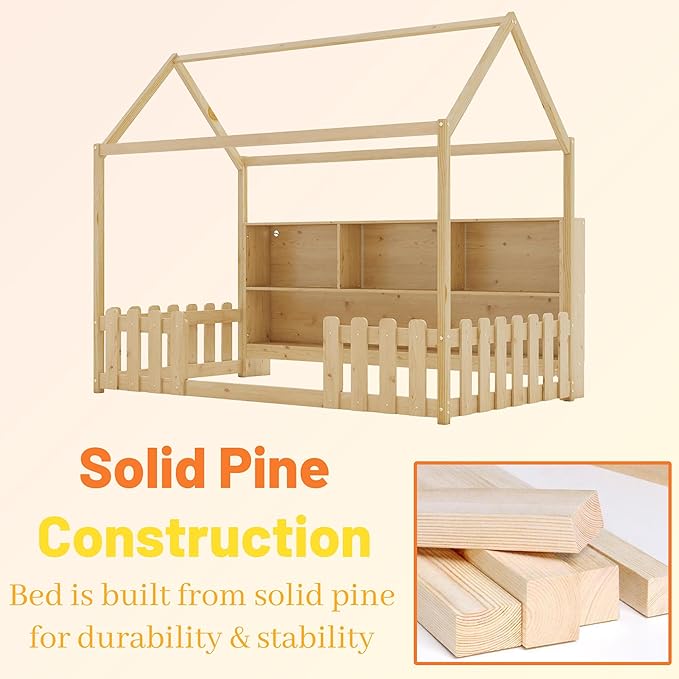 Twin Size Montessori Bed for Kids, Montessori Floor Bed with LED Light and Storage Bookshelf, Kids Beds with Guardrails for Boys & Girls, Natural