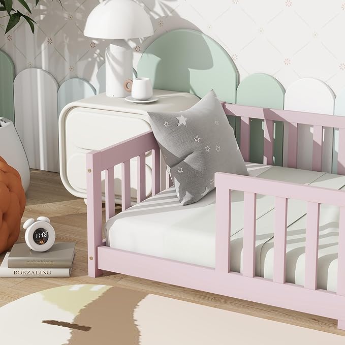 Ball & Cast Twin Size Montessori Floor Bed,Wooden Floor Bed Frame with Wood Slats,Montessori Toddler Bedframe W/Door and Safety Guardrails for Girls Boys,Bedroom,Playroom,No Box Spring Needed,Pink