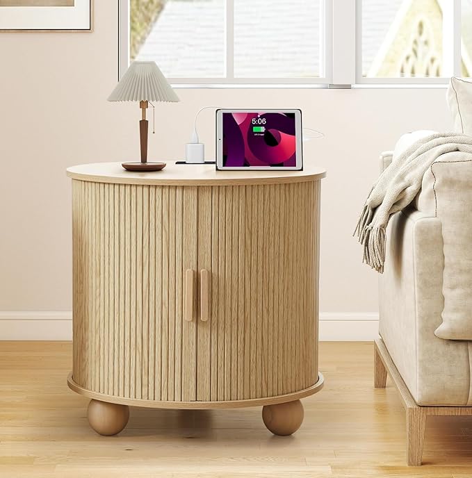 AVZEAR Fluted Round End Table with Charging Station, Farmhouse 24" Large Sofa Side Table with Sliding Door & Storage, Mid-Century Modern Wood Nightstands for Living Room, Bedroom, Natural