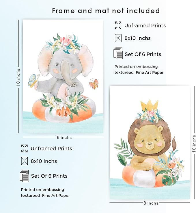Safari Animal Nursery Decor Prints - Set of 6 Watercolor Sea - Gift Jungle Designs Baby Room 8X10 Unframed