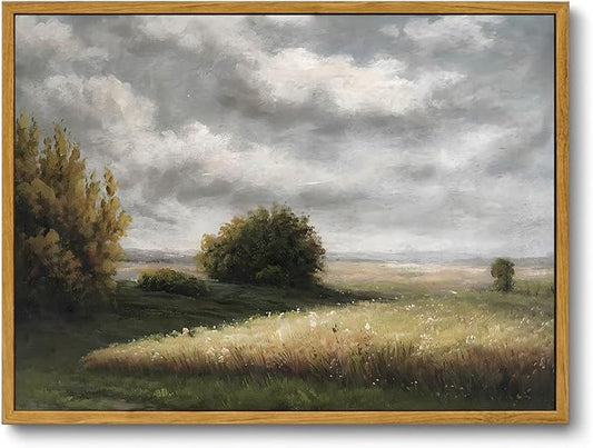 OIQArtOIQ Vintage Landscape Canvas Wall Art Framed Natural Scenery Painting Artwork Prints France Country Wilderness Farmhouse Decor Pictures Kitchen Bedroom Living Room Bathroom