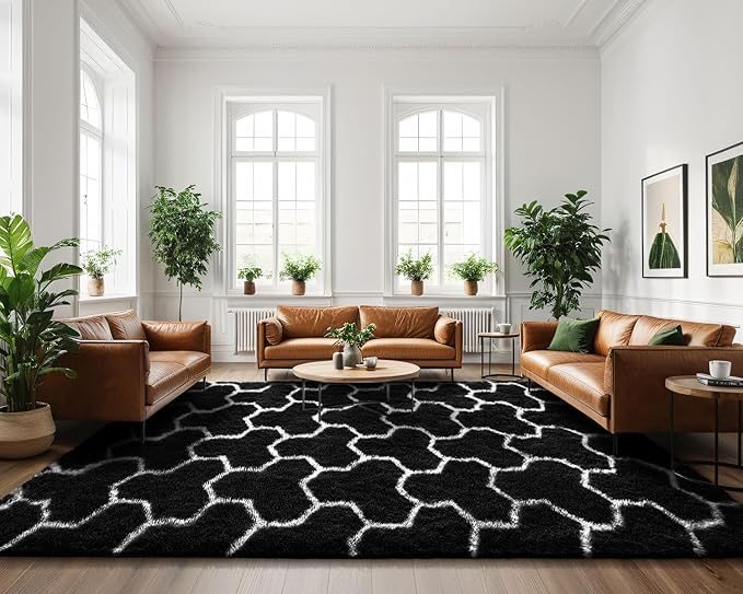 EVOIONOS 5x8 Washable Large Area Rug Living Room, Fluffy Shag Rug Bedroom Ultra Soft Plush Non Slip Carpet Indoor Floor Bedside Nursery Kids Girls Room Dorm Home Decor Aesthetic Black White Geometric