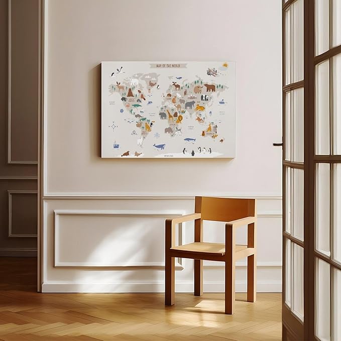 KIPNG Kids World Map - Playroom Animal World Map - Nursery Educational Poster Canvas Poster Wall Art Picture Paintings for Living Room Bedroom Decoration Unframe-style08x12inch(20x30cm)