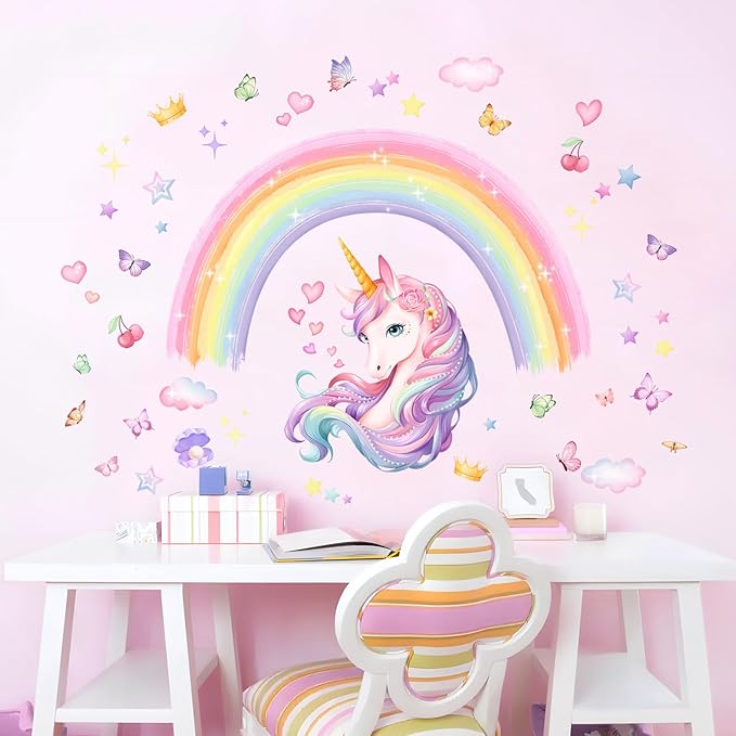 Unicorn Rainbow Wall Stickers, Watercolor Rainbow Stars Wall Decals Peel and Stick Wall Decal Self Adhesive Home Decor for Girls Nursery Kids Room