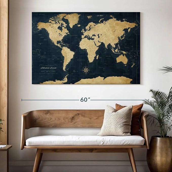 ElephantStock - Adventure Awaits World Map With Push Pins Wall Art - Horizontal Canvas Wall Art - Living Room Wall Decor - Digital Art Map Canvas Art - Gold And Blue Decor - 51" x 34"