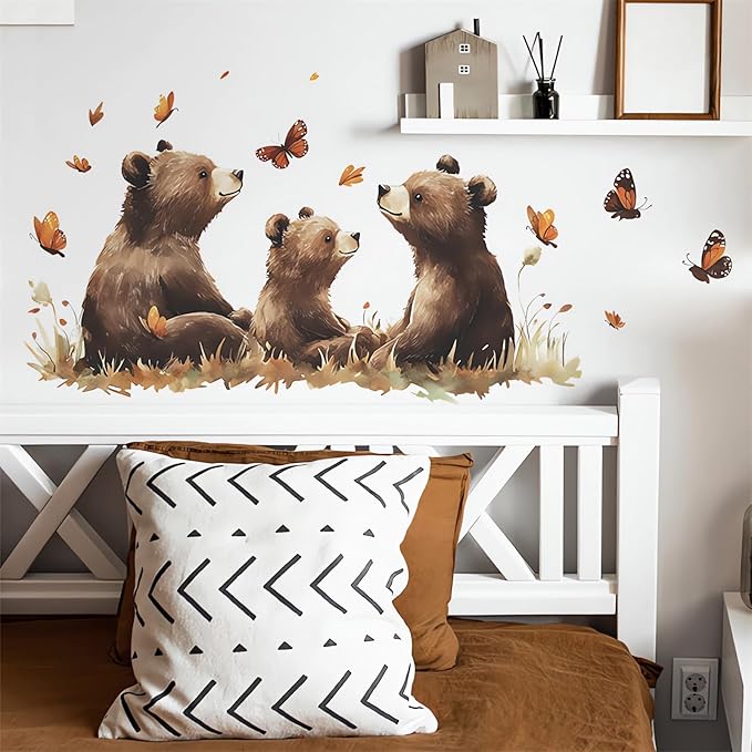 Cozy Brown Bear Family Wall Stickers, Baby Bear Butterfly Wall Decals Removable Vinyl Peel and Stick Boy Girl Nursery Bedroom Playroom Toddler Room Art Home Decorations