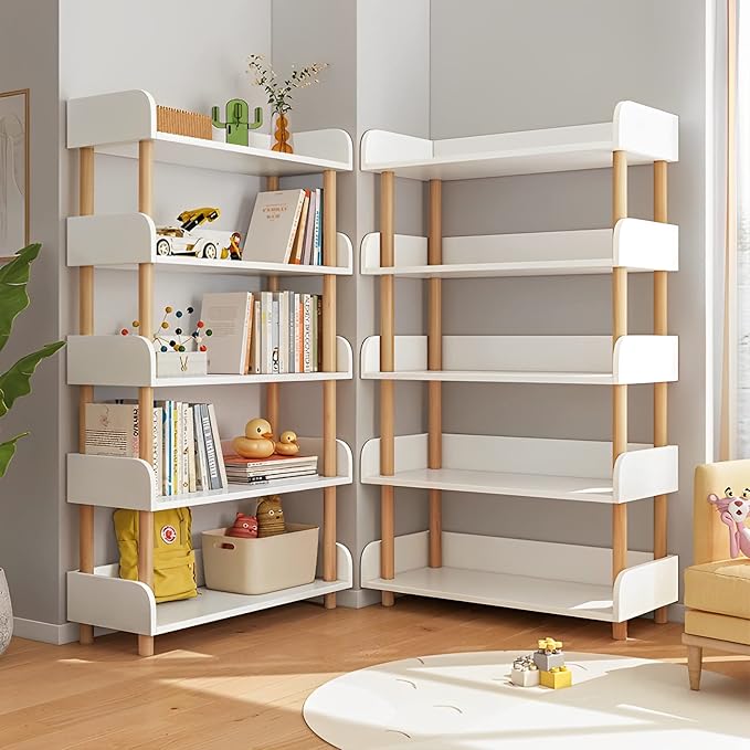 5-Tier Wooden Open Bookcase - Modern Display Bookshelf with Top Edge and Solid Wood Frame for Home and Office, Storage Cabinet, Warm White