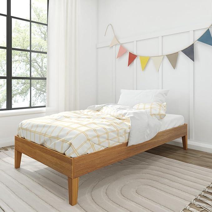 Max & Lily Fundamental Twin Platform Bed Frame, Kids Modern Solid Wood Bed, Strong Wooden Slats, Non-Toxic Finishes, Matte Pecan