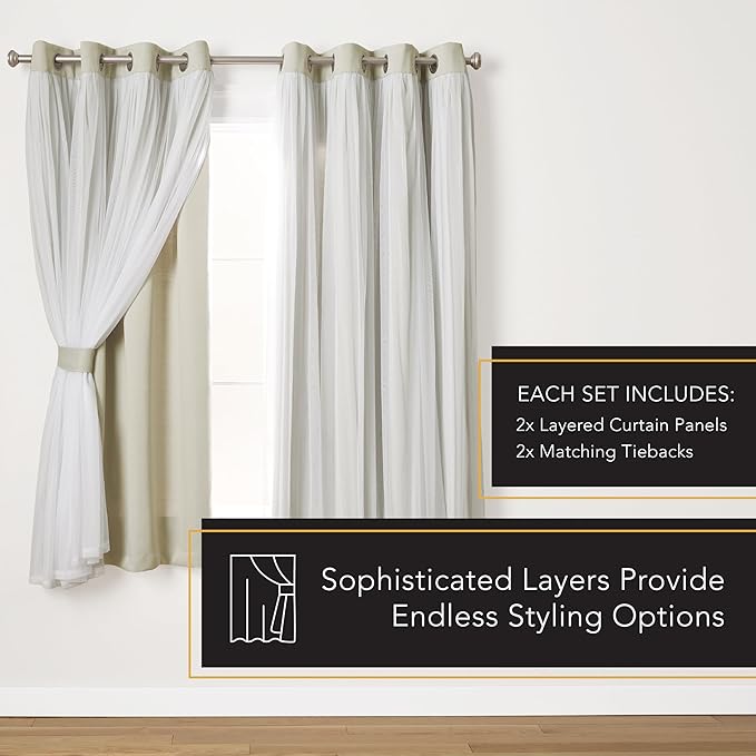 TOWN & COUNTRY LUXE Talia Double Layer Indoor Curtains, Sheer and Room Darkening Blackout, Grommet Top, Energy Efficient, 2-Pack Set, 52"x63", Sand
