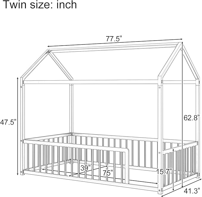 Twin Size Metal Floor Bed Frame,House Shaped Bed with Fence for Kids and Toddlers,Easy Assemble, No Slats,White