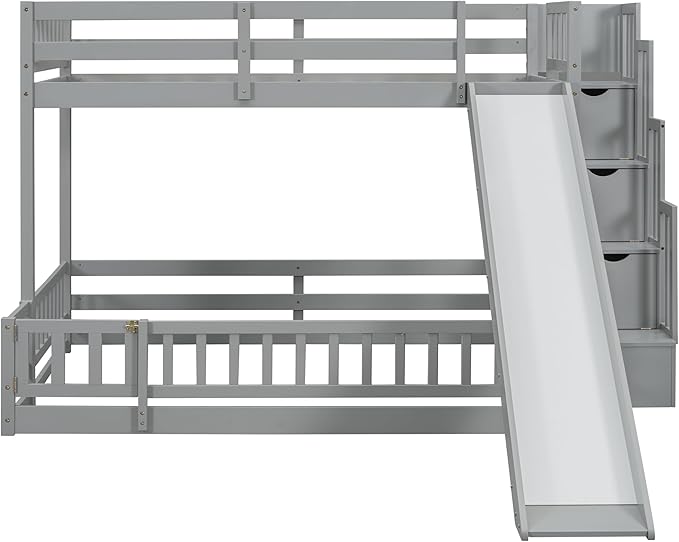Twin Over Full Bunk Bed with Slide, Solid Wood Bunk Bed with Safety Guardrails and Storage Staircase for Kids Teens Boys Girls Bedroom, Space Saving Design (Grey-30c)
