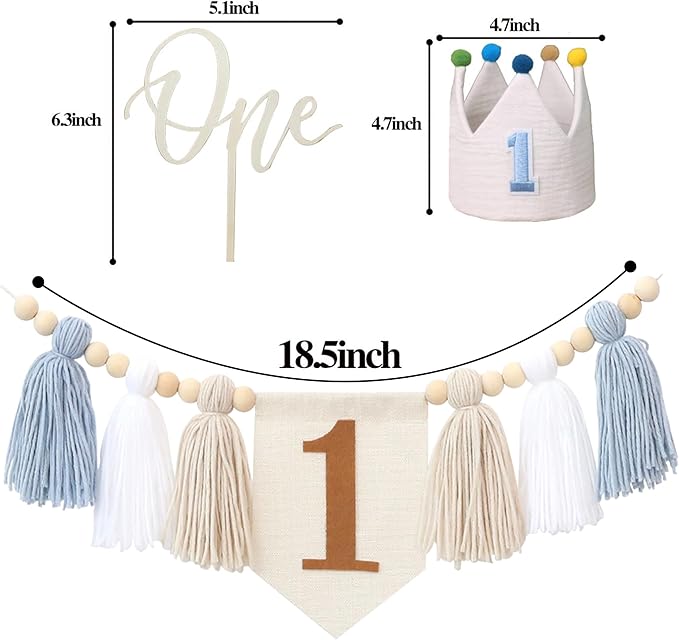 Baby Boy 1st Birthday Party Decorations For Handmade Tassel Garland Highchair Banner With Cake Topper Crown Hat