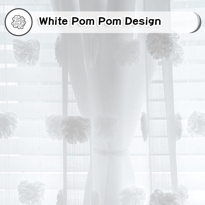 MYSKY HOME White Curtains for Kids Room & Nursery - 72 Inch Long Double Layer Sheer Curtains with Pom Poms & Grommets for Girls Bedroom & Living Room - Darkening Panels W52 X L72