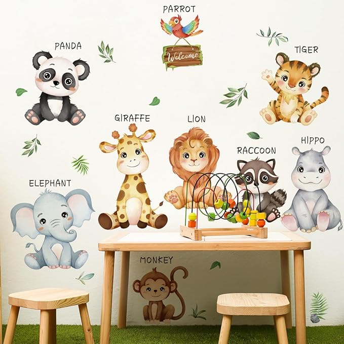 Large Safari Animals Educational Wall Decals Jungle Animals Wall Stickers Lion Panda Giraffe Monkey Tiger Wall Decor Murals for Nursery Kids Room Playroom