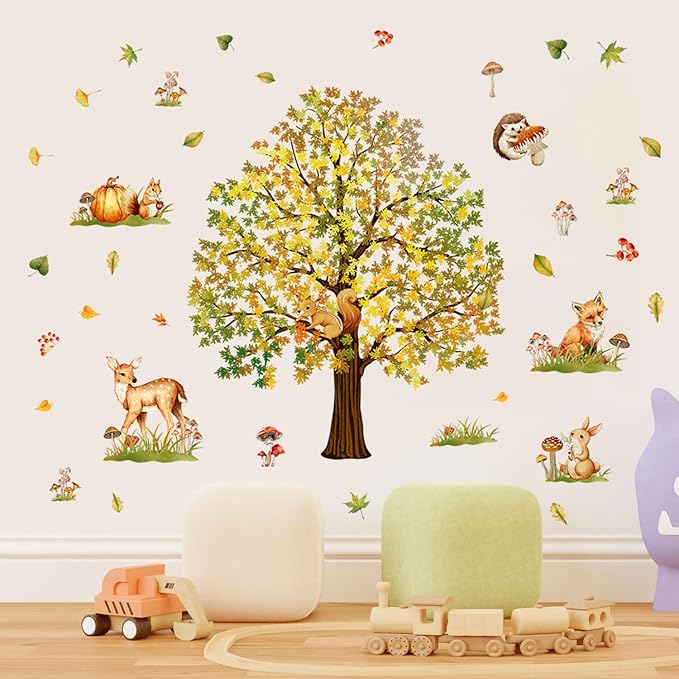 Woodland Forest Wall Decals Large Oak Tree with Animals Removable Peel and Stick Wall Art for Nursery Kids Room Fall Decor Living Room Classroom