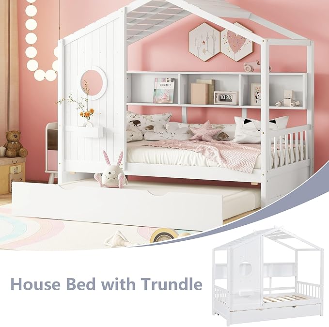 Twin Bed Frames for Kids, House Bed with Trundle and Shelves, Wood Playhouse Platform Bed Frame with Window and Fence for Boys Girls, White, 74.4" L x 42.7" W x 72" H