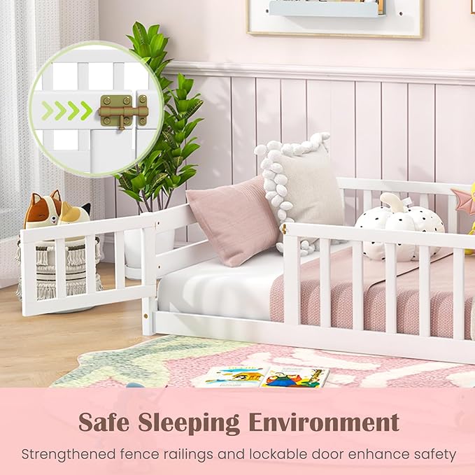 Giantex Twin Floor Bed with Door & Fence, Kids Wood Montessori Beds with Safety Guardrails, Floor Bed Twin for Kids, Boys, Girls, No Box Spring Needed, White