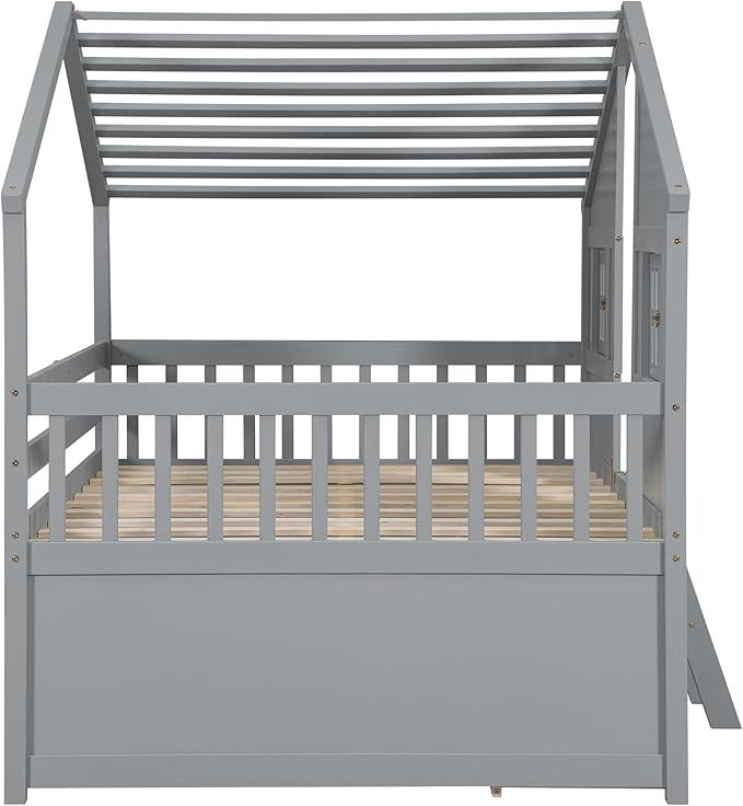 Harper & Bright Designs Full Size House Loft Bed with 4 Storage Drawers, Low House Montessori Bed with Roof and Windows, Safety Guardrails for Kids, Girls, Boys, Grey