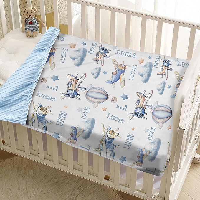 Personalized Baby Blankets for Boys Girls, Custom Name Baby Blanket with Toy Airplane Design, Soft Receiving Blanket for Newborns and Toddlers, Ideal for Baby Showers and Nursery Decor
