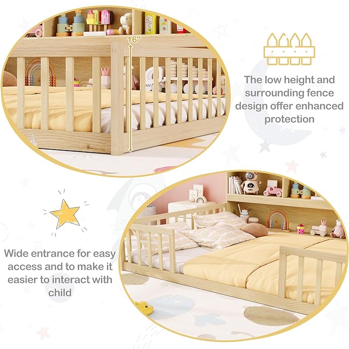 KOMFOTT Full Floor Bed with Bookcase & Shelves, Wood Bed Frame with Bedside Bookshelves & Guardrails, Versatile 2-in-1 Montessori Floor Bed for Kids (Full,Natural)