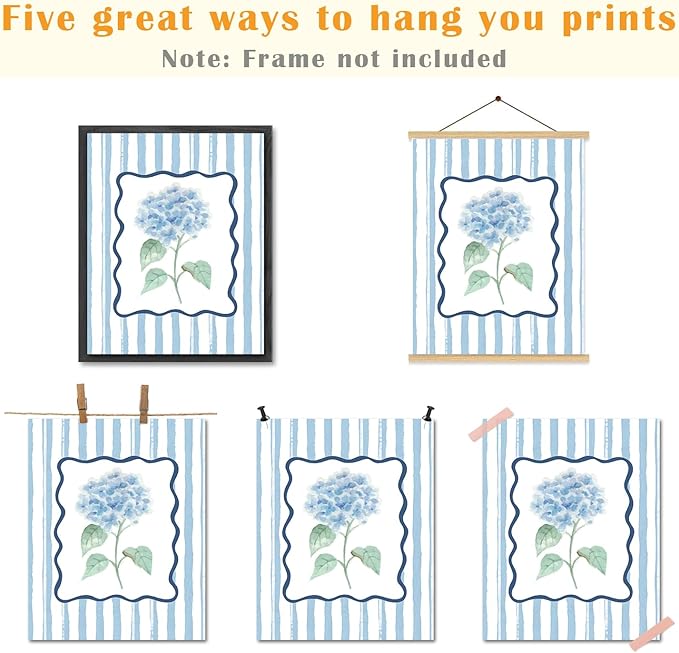 JINYO Retro Blue Hydrangea Floral Wall Art Prints Set of 4, Floral Room Decor, Rustic Blue and White Striped Botanical Flower Posters Pictures Wall Decor for Home Bedroom, 8x10 Unframed