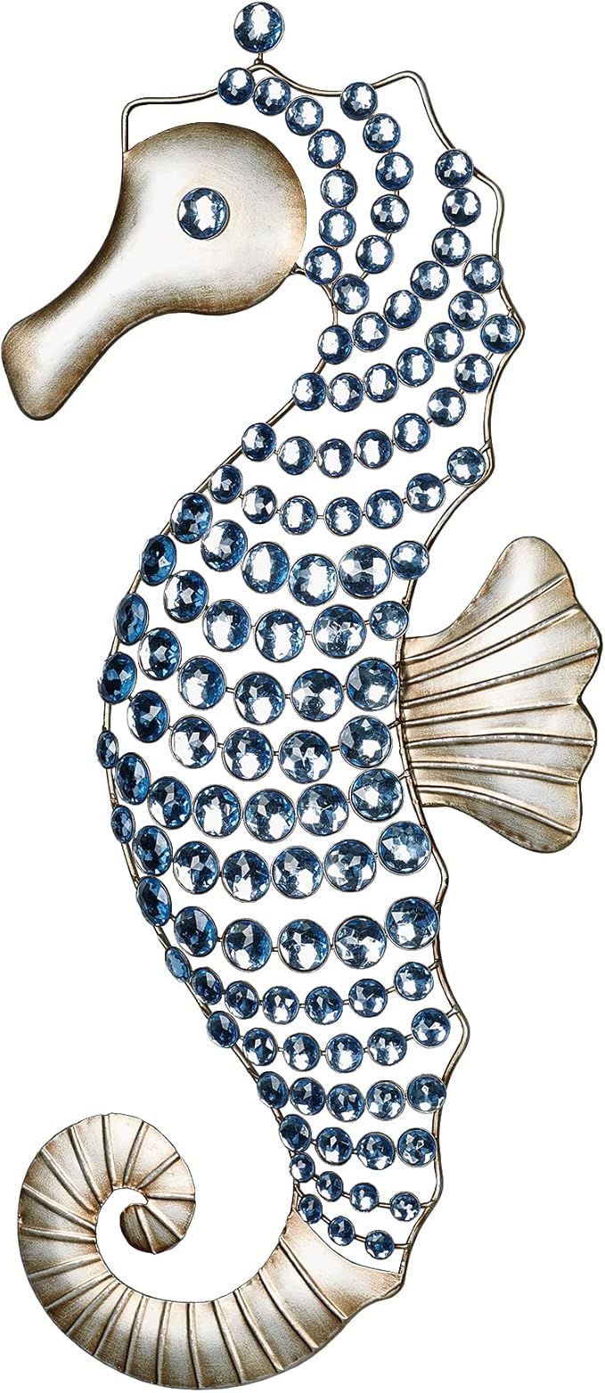 Touch of Class Seahorse Gems Wall Art - Platinum Metal, Aqua Blue Gems - Ocean Theme Wall Decor - Sparkling Accent - Unique Wall Piece for Bathroom, Sunroom, Bedroom, Nursery
