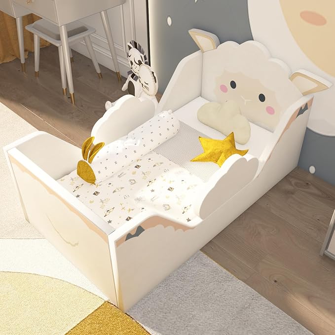 Toddler Beds, Child Bed for Kids with Extra Safty Broad, Standard Crib Size AnimalToddler Bed, Certified Fabric Toddler Beds,Toddler Floor Beds (Sheep)