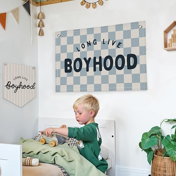 Lacama Blue Long Live Boyhood Boys Room Decor, Boy Nursery Decor, Linen Banner Wall Hanging Canvas Banner Flag Decor for Toddler Boy Room Nursery 30x20 In