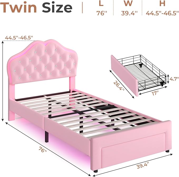 BTHFST Twin Size Girl Bed with Storage Drawer & LED Lights, Upholstered Platform Bed, Adjustable Headboard with Velvet Crystal Button Princess Bed, Solid Wood Slats Support, No Box Spring Needed, Pink